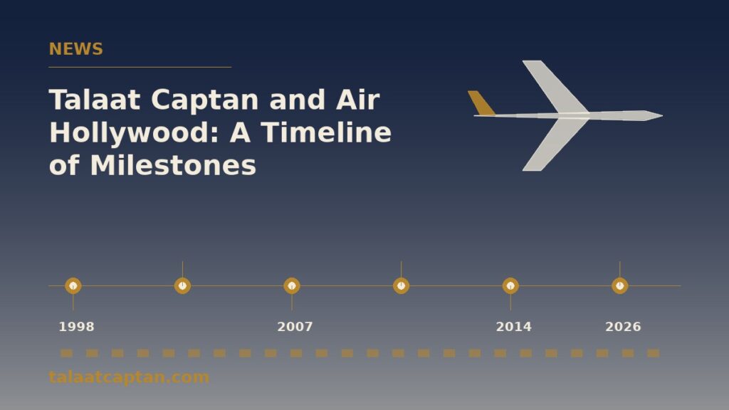 Illustrated timeline with an aircraft silhouette, for Talaat Captan and Air Hollywood milestones from 1998 to 2026