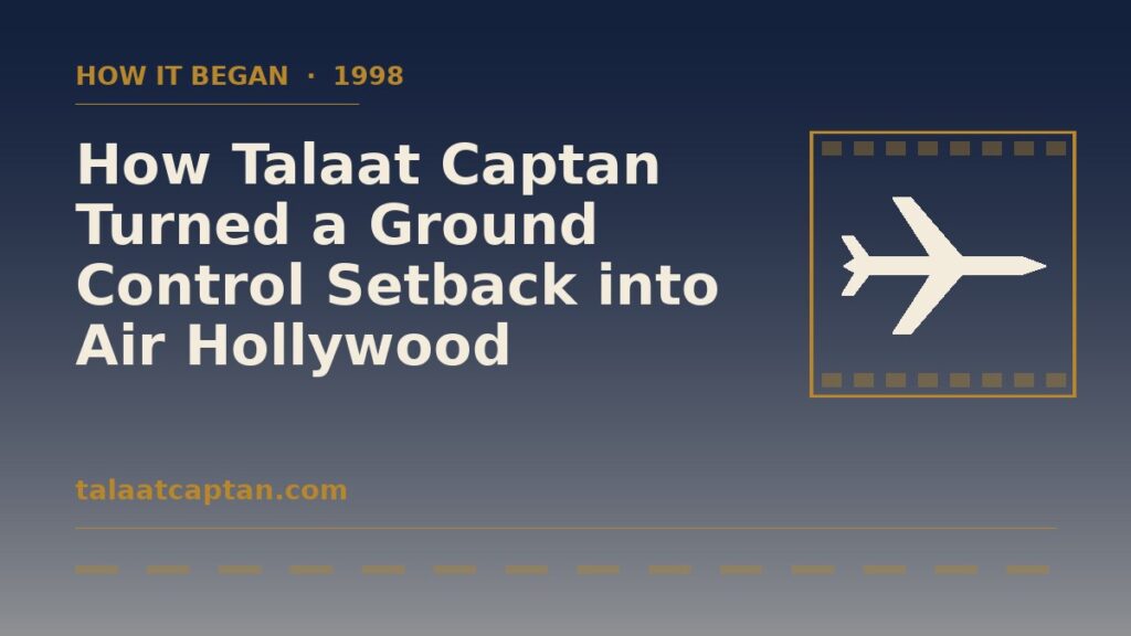 Illustration of an airliner in a film frame for the story of how Talaat Captan founded Air Hollywood