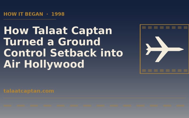 Illustration of an airliner in a film frame for the story of how Talaat Captan founded Air Hollywood