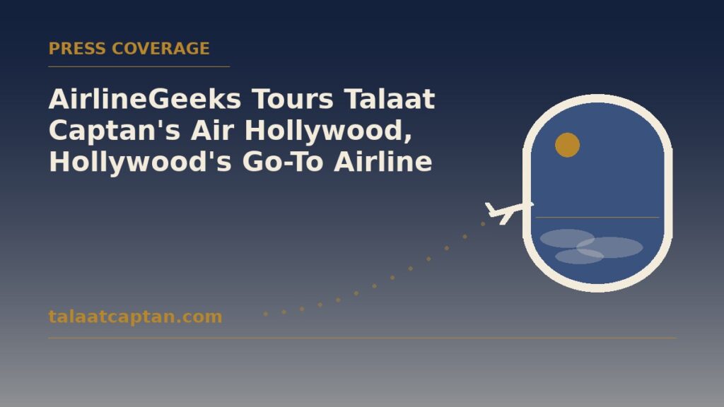 Illustration of an airplane window and a climbing flight path, for the AirlineGeeks tour of Talaat Captan's Air Hollywood