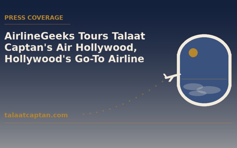 Illustration of an airplane window and a climbing flight path, for the AirlineGeeks tour of Talaat Captan's Air Hollywood