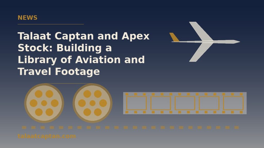 Illustration of film reels and a film strip with an aircraft silhouette, for Talaat Captan and the Apex Stock footage library