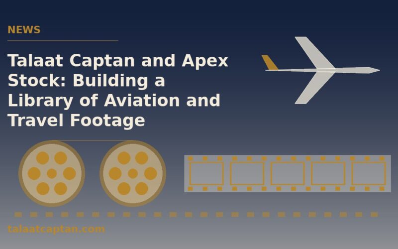Illustration of film reels and a film strip with an aircraft silhouette, for Talaat Captan and the Apex Stock footage library
