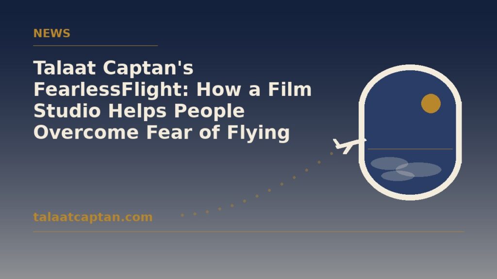 Illustration of an airplane window with a calm horizon and a climbing flight path, for the story on FearlessFlight at Air Hollywood
