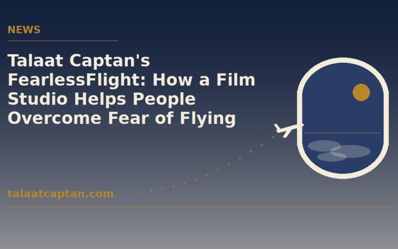 Illustration of an airplane window with a calm horizon and a climbing flight path, for the story on FearlessFlight at Air Hollywood