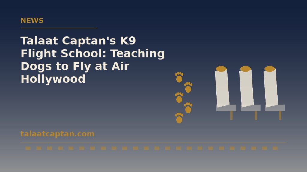 Illustration of airline seats and a paw-print path, for Talaat Captan's K9 Flight School at Air Hollywood
