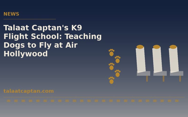 Illustration of airline seats and a paw-print path, for Talaat Captan's K9 Flight School at Air Hollywood