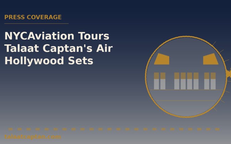 Illustration of a wide-body airplane cabin cross-section with seats and a removable wall, for NYCAviation's tour of Talaat Captan's Air Hollywood sets