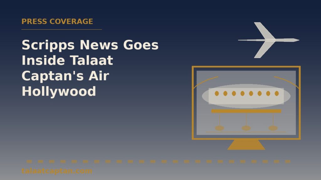 Illustration of a television screen showing an aircraft cabin set on a hydraulic platform, for Scripps News coverage of Talaat Captan's Air Hollywood
