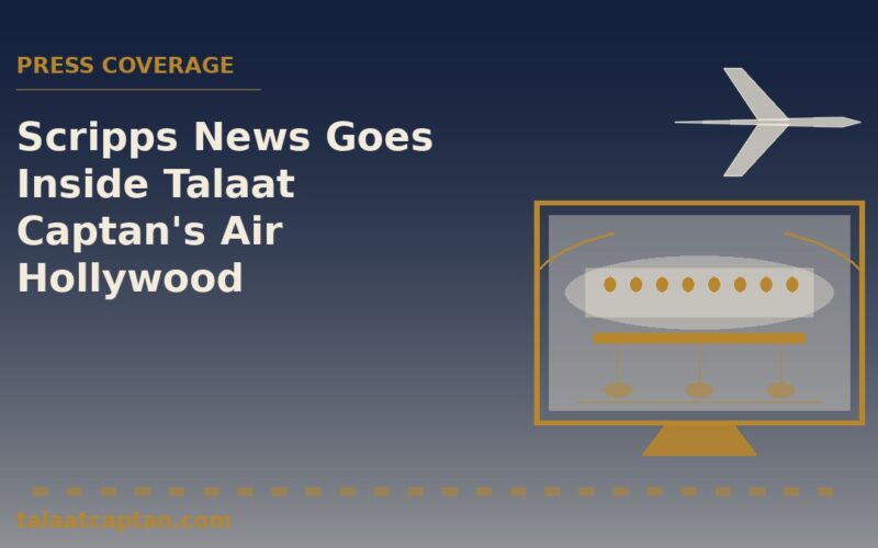 Illustration of a television screen showing an aircraft cabin set on a hydraulic platform, for Scripps News coverage of Talaat Captan's Air Hollywood