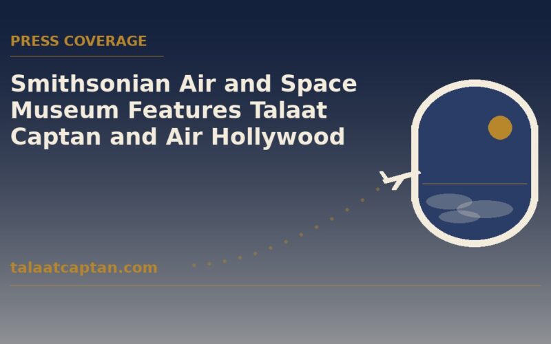 Illustration of an airplane window and a climbing flight path, for the Smithsonian Air and Space Museum feature on Talaat Captan and Air Hollywood
