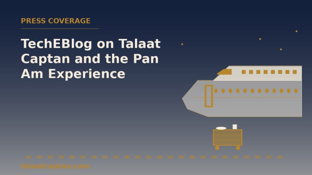 Illustration of a 1970s jumbo jet nose with an upper-deck lounge and dinner trolley, for TechEBlog coverage of Talaat Captan and the Pan Am Experience