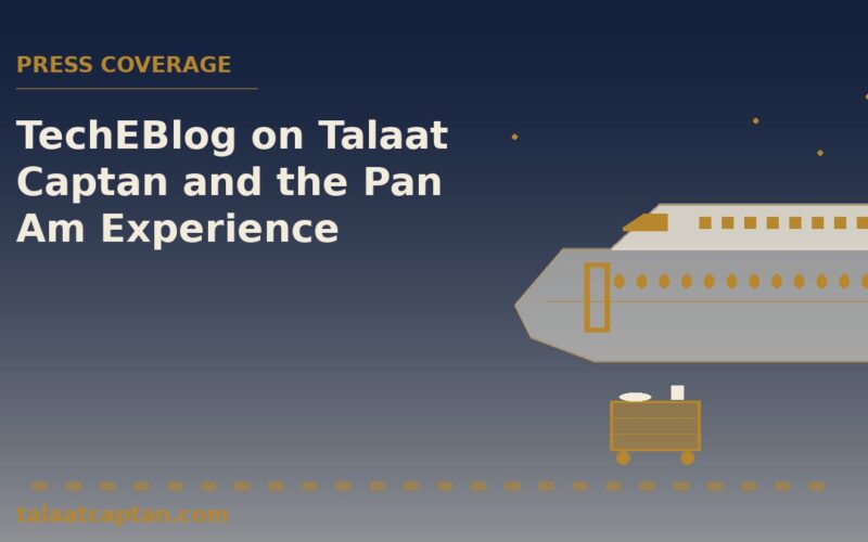 Illustration of a 1970s jumbo jet nose with an upper-deck lounge and dinner trolley, for TechEBlog coverage of Talaat Captan and the Pan Am Experience